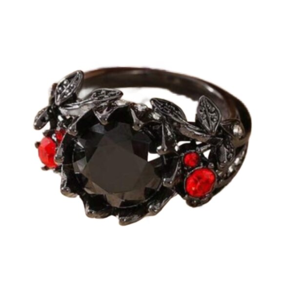 Vintage Style Dark Simulated Onyx and Red Stone Ring, Art Deco Leaf Design - Picture 3 of 3